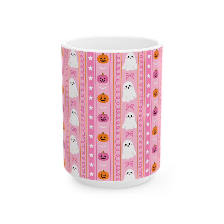 Pink Halloween Ghost Stripe Ceramic Mug, Cute Pumpkin Bow Coffee Cup, Pastel Spooky Gift, 11oz and 15oz