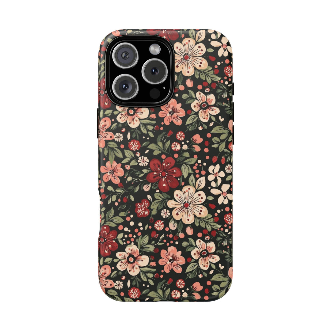 Retro Christmas Floral Tough iPhone Case, Dark Botanical Pink Red Flower Phone Cover, Matte or Glossy