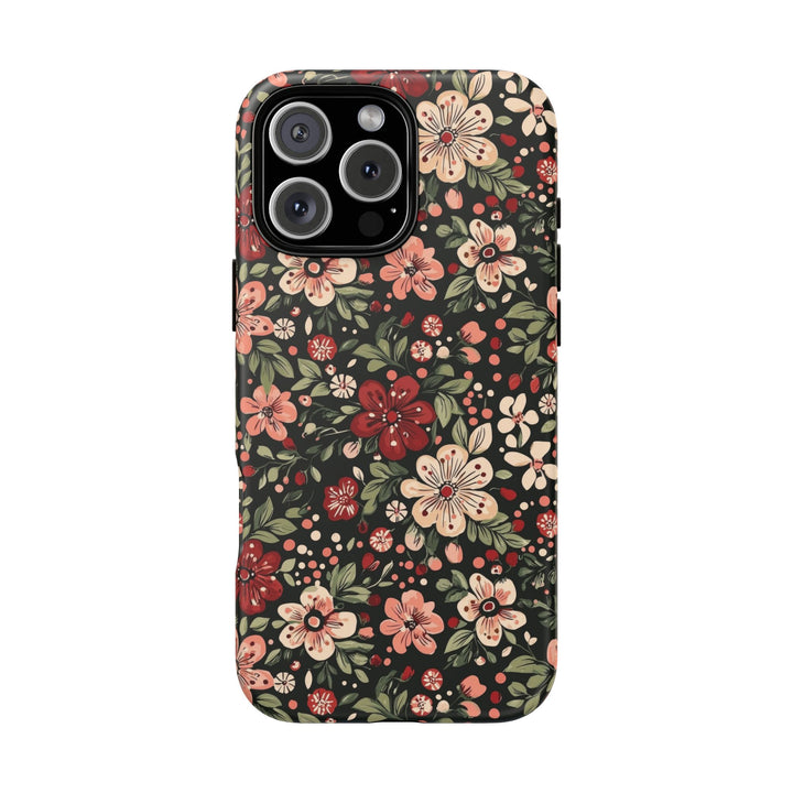 Retro Christmas Floral Tough iPhone Case, Dark Botanical Pink Red Flower Phone Cover, Matte or Glossy