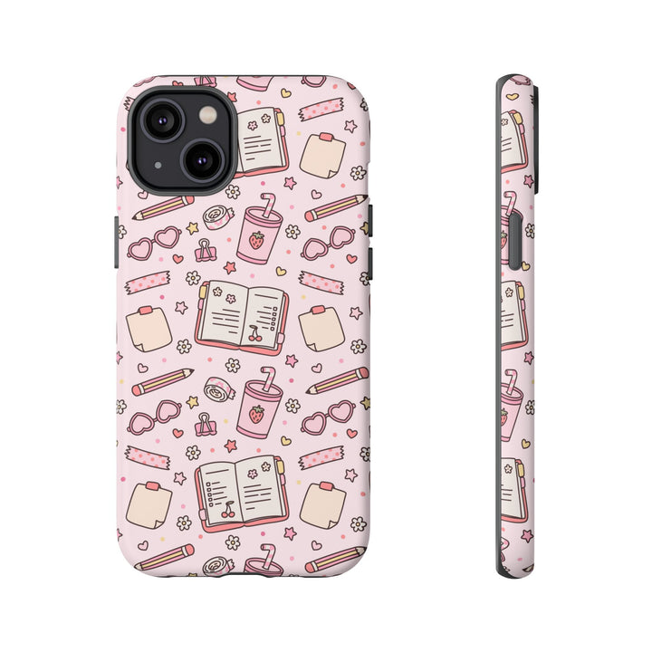 Pink Stationery Tough iPhone Case, Back to School Notebook and Pencil Phone Cover, Matte or Glossy