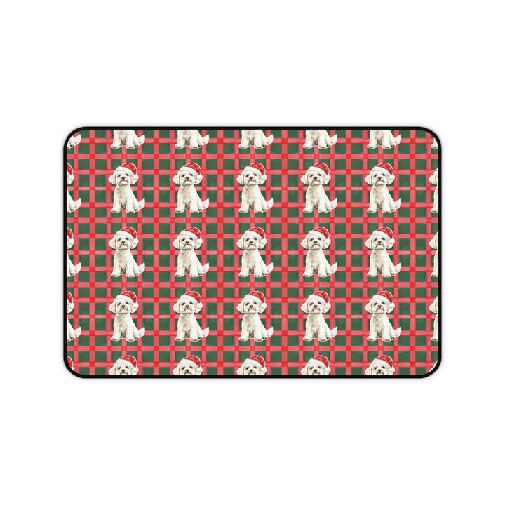 Maltese Christmas Desk Mat, Red Green Plaid, Santa Dog Desk Pad