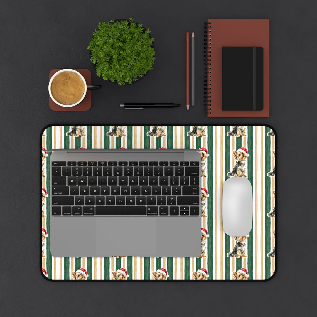 Yorkshire Terrier Christmas Desk Mat, Green Gold Stripes, Santa Dog Desk Pad