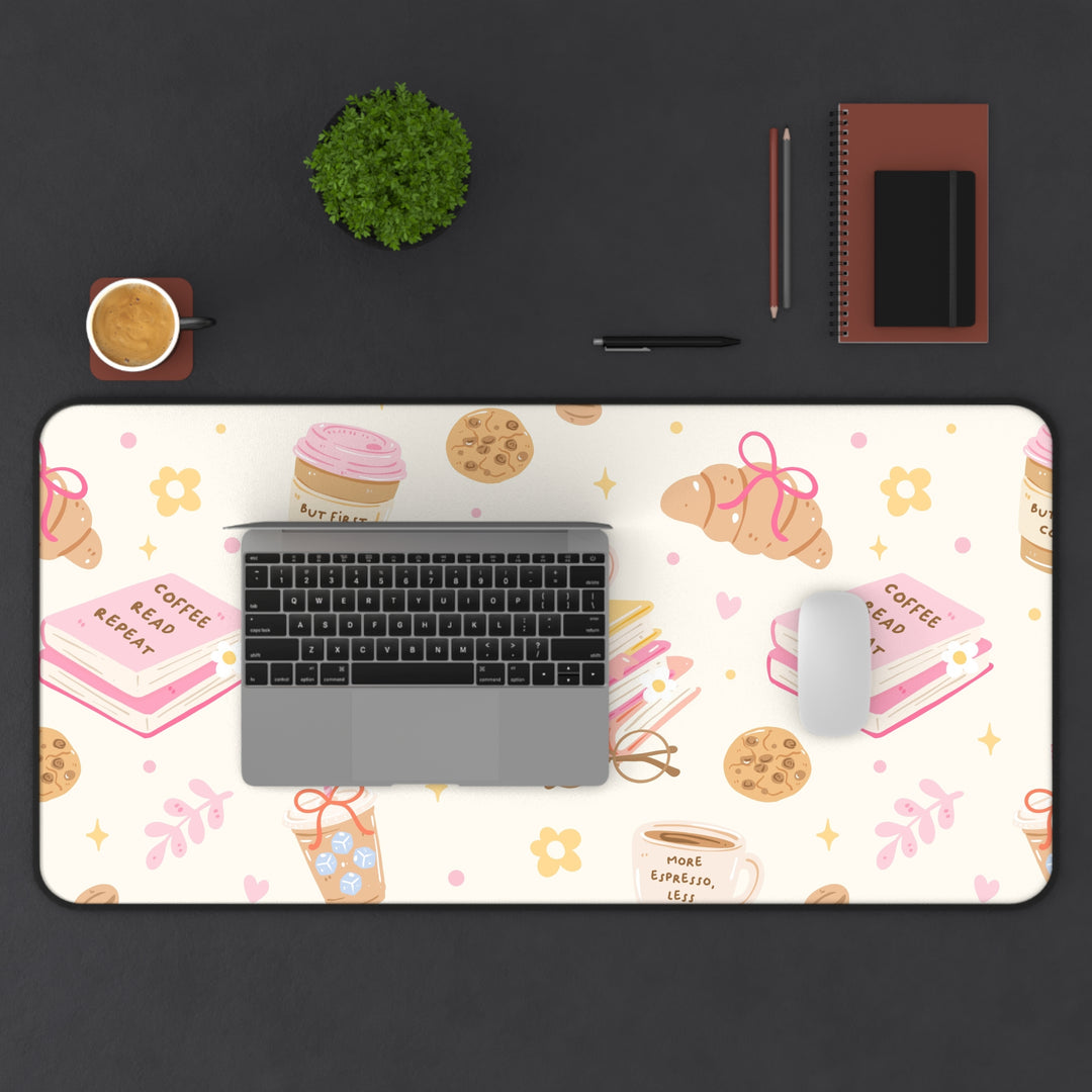 Coffee and Books Desk Mat, Pastel Pink Bookish Desk Pad, Non Slip Neoprene Office Decor