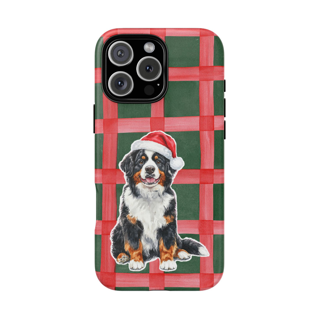 Bernese Mountain Dog Christmas Tough iPhone Case, Red Green Plaid, Santa Dog Phone Cover