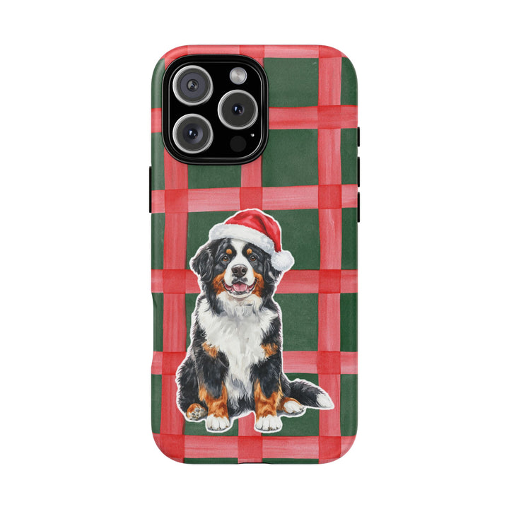 Bernese Mountain Dog Christmas Tough iPhone Case, Red Green Plaid, Santa Dog Phone Cover