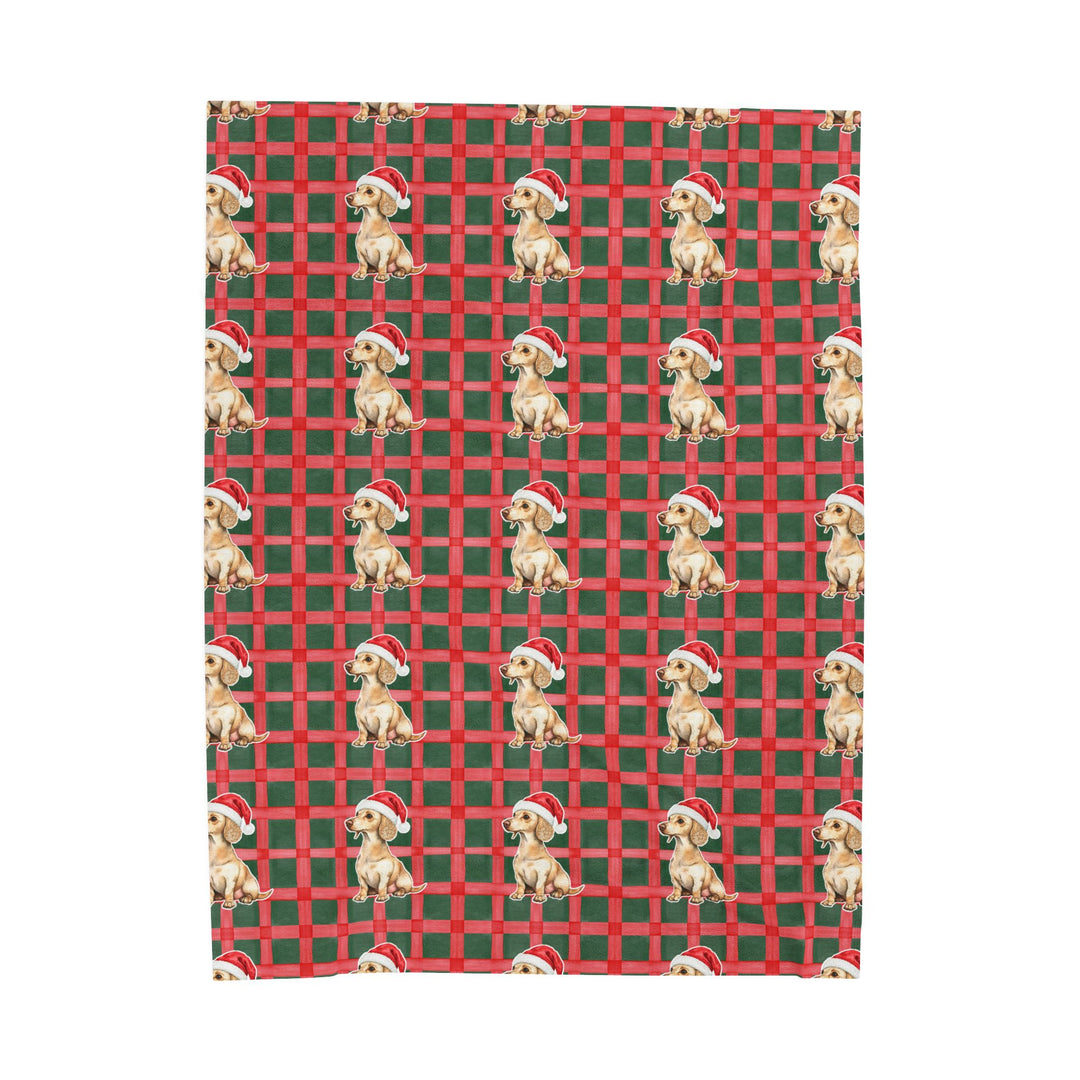 Dachshund Christmas Velveteen Plush Blanket, Red Green Plaid, Santa Dog Throw