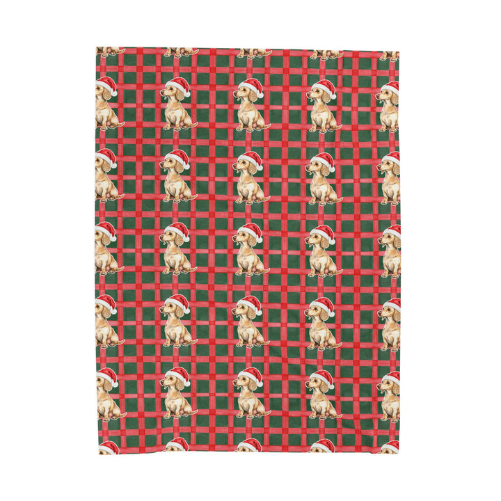 Dachshund Christmas Velveteen Plush Blanket, Red Green Plaid, Santa Dog Throw