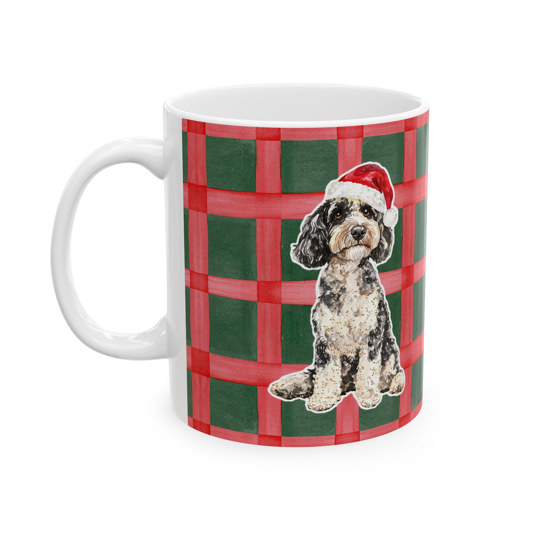 Doodle Christmas Mug, Red Green Plaid, 11oz White Ceramic