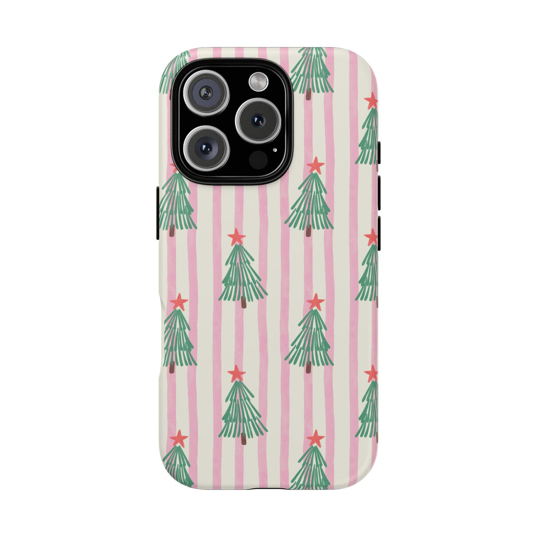 Retro Christmas Tree Tough iPhone Case, Pink Stripe Green Tree Holiday Phone Cover, Matte or Glossy