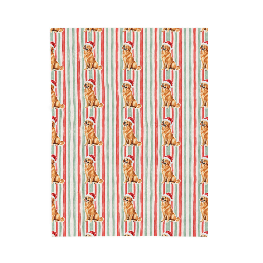 Golden Retriever Christmas Velveteen Plush Blanket, Red Sage Stripes, Santa Dog Throw