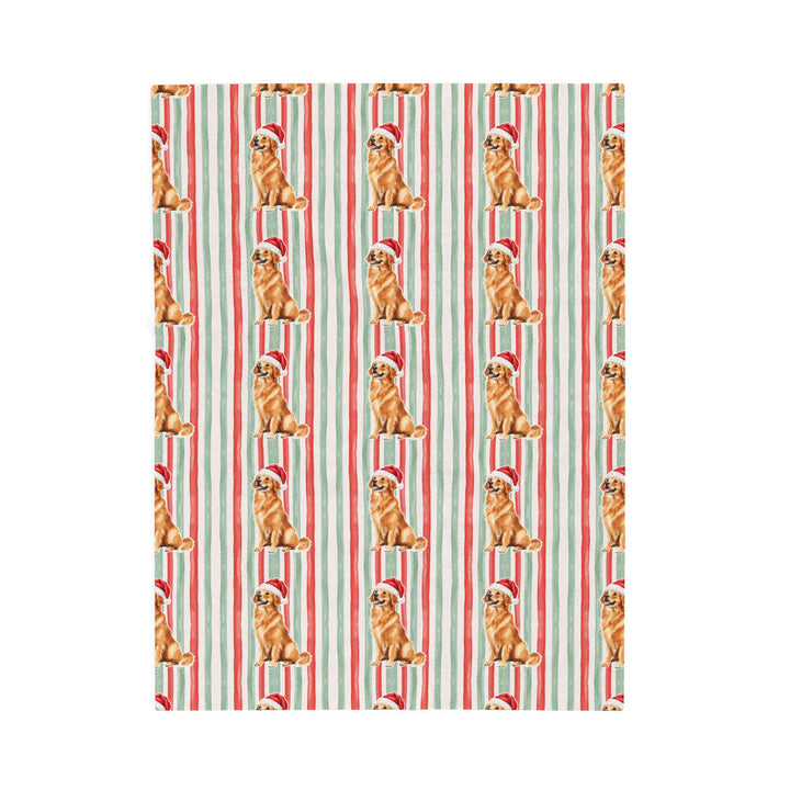 Golden Retriever Christmas Velveteen Plush Blanket, Red Sage Stripes, Santa Dog Throw
