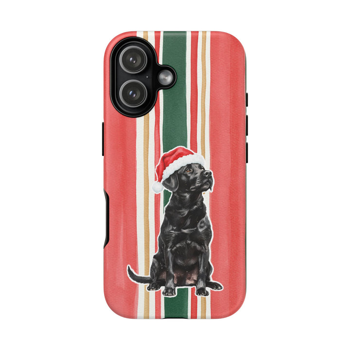 Black Labrador Christmas Tough iPhone Case, Classic Red Green Stripes, Santa Dog Phone Cover