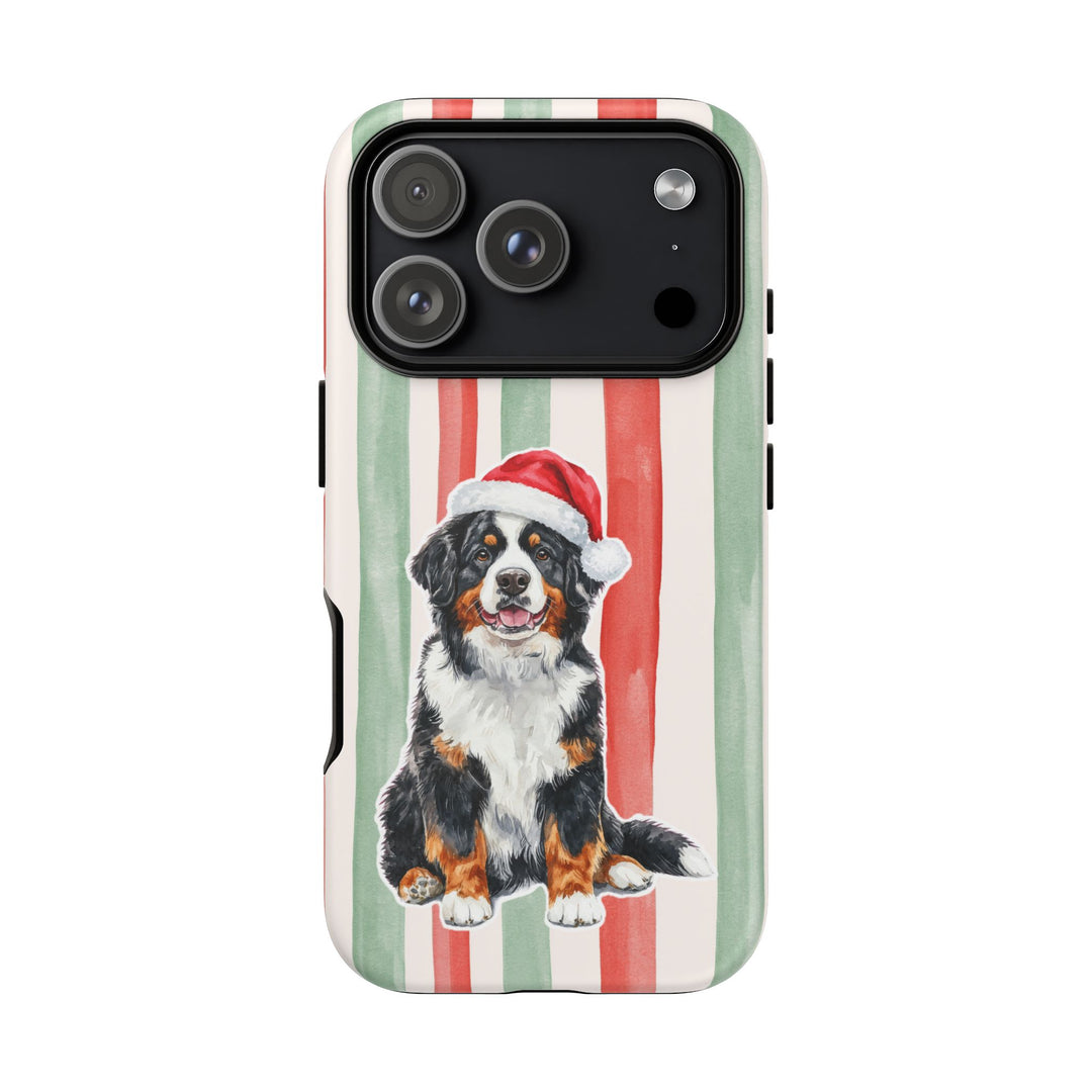 Bernese Mountain Dog Christmas Tough iPhone Case, Red Sage Stripes, Santa Dog Phone Cover