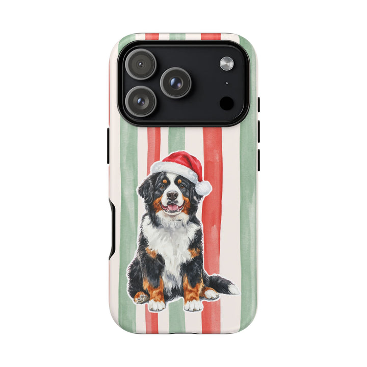 Bernese Mountain Dog Christmas Tough iPhone Case, Red Sage Stripes, Santa Dog Phone Cover