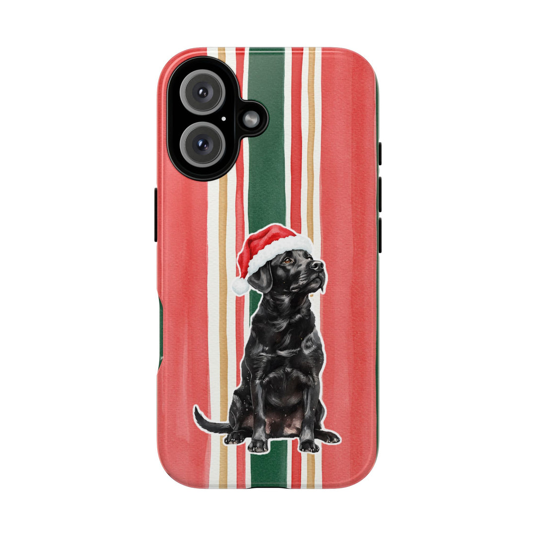 Black Labrador Christmas Tough iPhone Case, Classic Red Green Stripes, Santa Dog Phone Cover