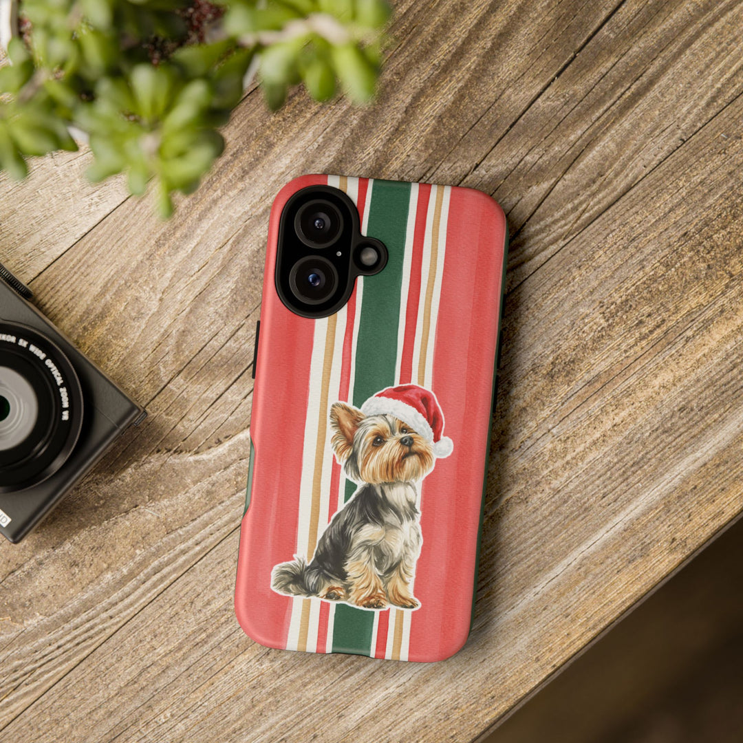 Yorkshire Terrier Christmas Tough iPhone Case, Classic Red Green Stripes, Santa Dog Phone Cover