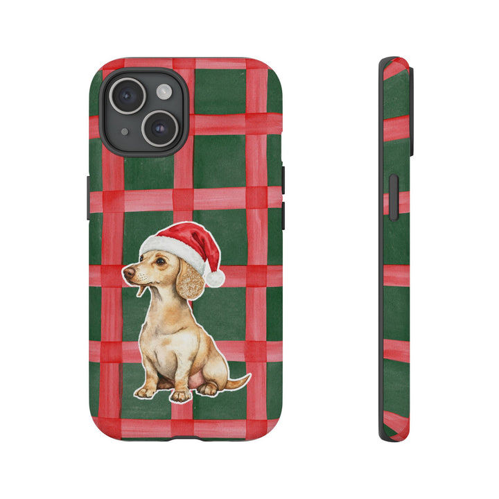 Dachshund Christmas Tough iPhone Case, Red Green Plaid, Santa Dog Phone Cover