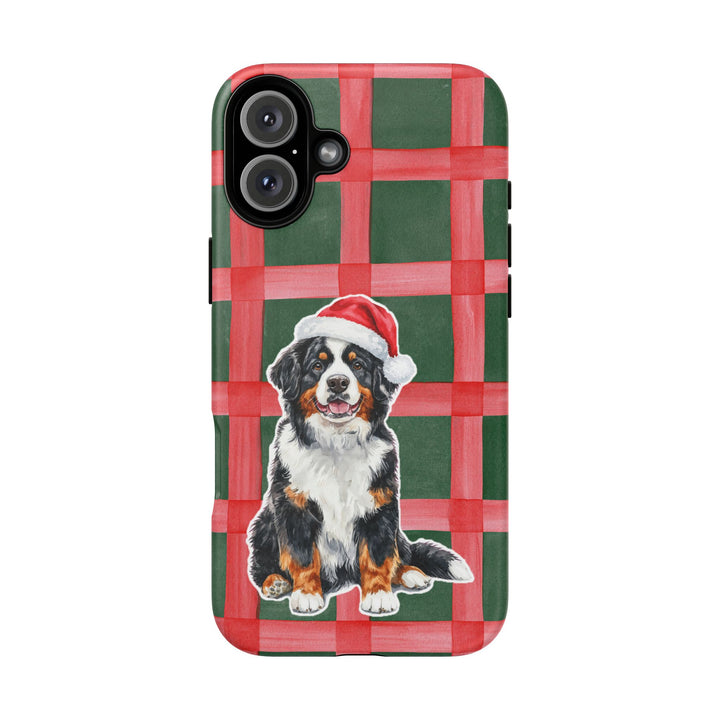 Bernese Mountain Dog Christmas Tough iPhone Case, Red Green Plaid, Santa Dog Phone Cover