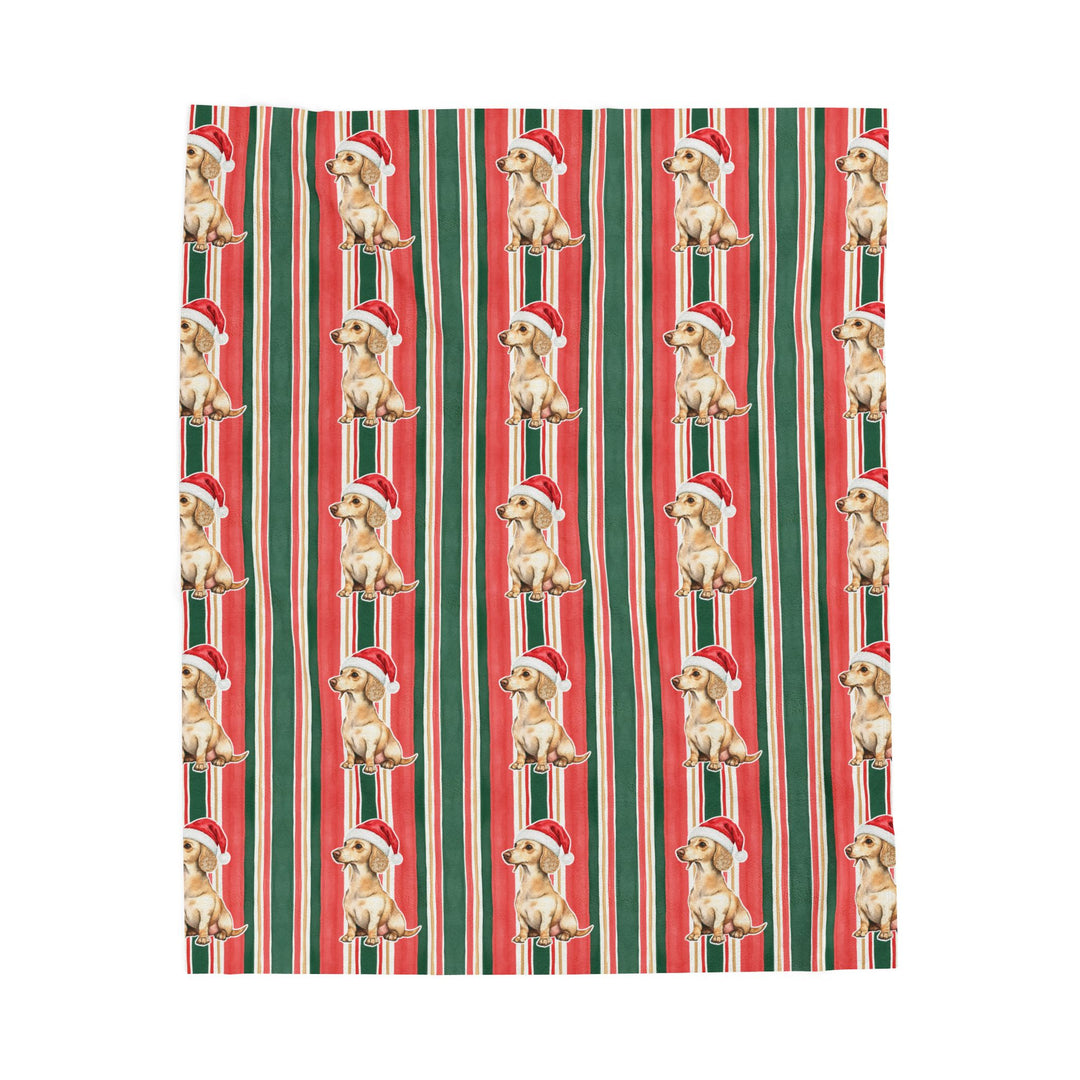 Dachshund Christmas Velveteen Plush Blanket, Classic Red Green Stripes, Santa Dog Throw