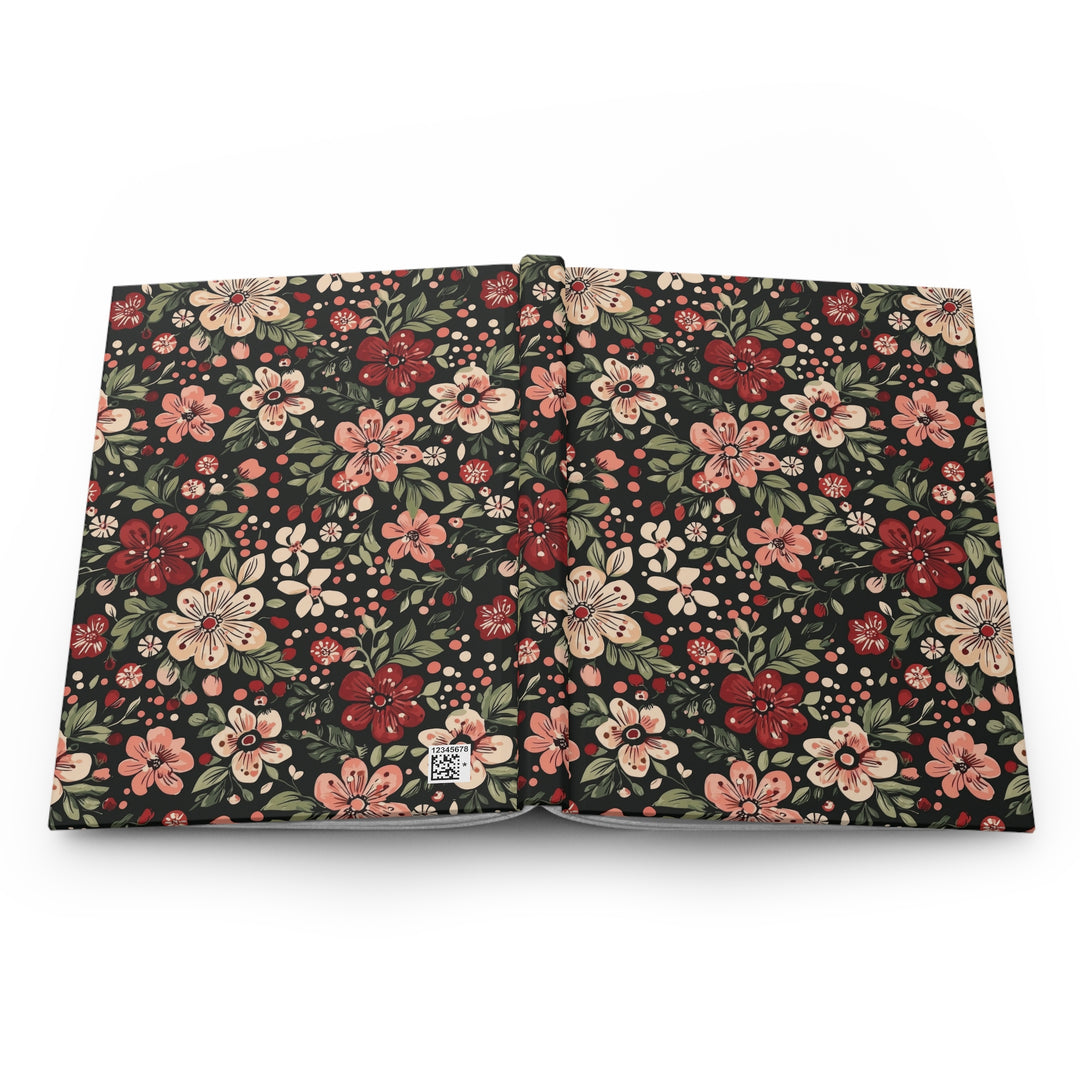 Retro Christmas Floral Hardcover Notebook, Dark Botanical Lined Journal, Pink Red Flower Stationery Gift