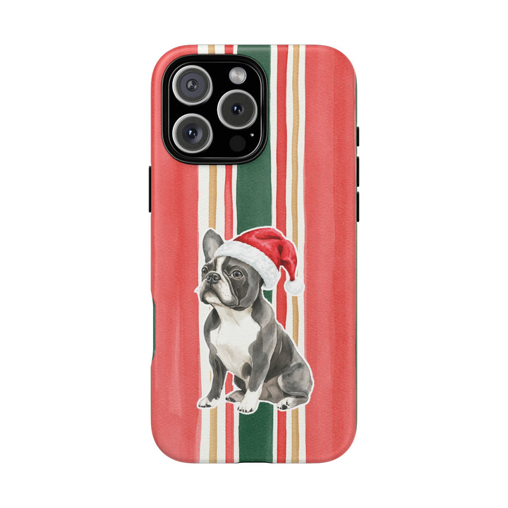 French Bulldog Christmas Tough iPhone Case, Classic Red Green Stripes, Santa Dog Phone Cover