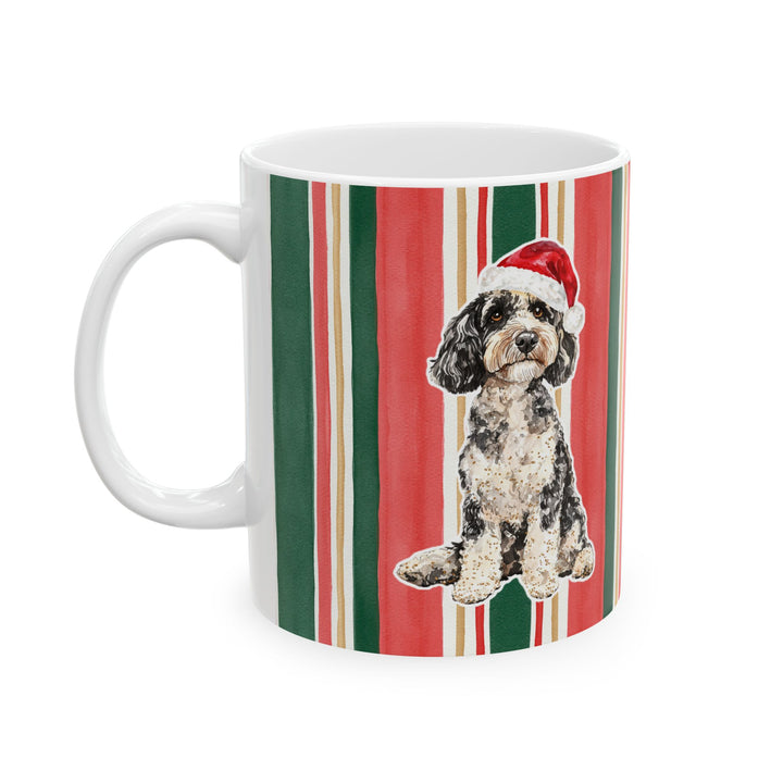 Doodle Christmas Mug, Classic Christmas Stripes, 11oz White Ceramic