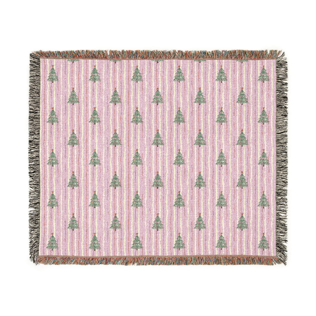 Pink Watercolor Christmas Tree Woven Blanket, Striped Cotton Throw, Pastel Holiday Sofa Decor