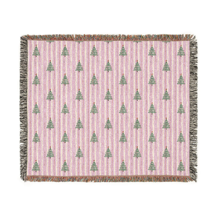 Pink Watercolor Christmas Tree Woven Blanket, Striped Cotton Throw, Pastel Holiday Sofa Decor