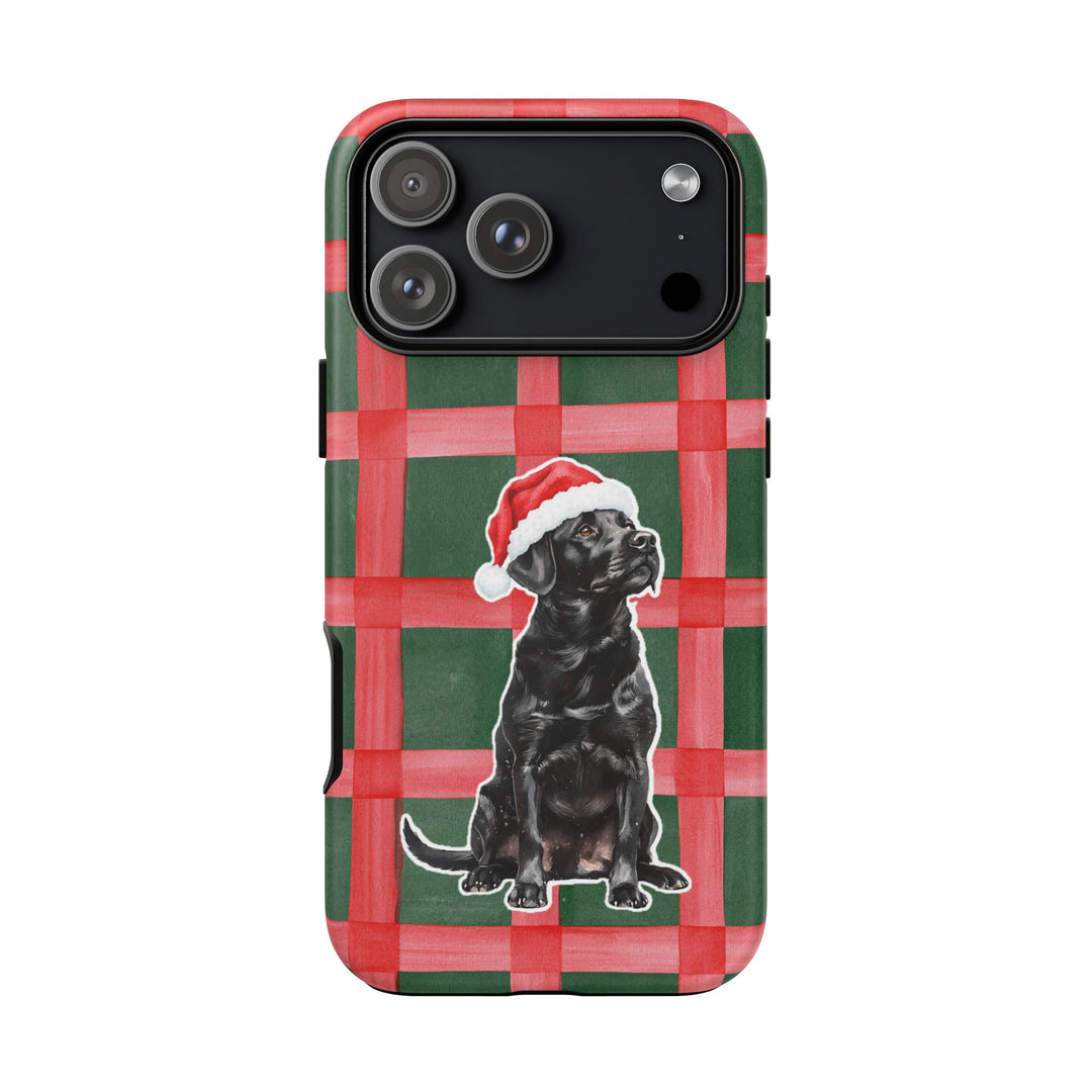 Black Labrador Christmas Tough iPhone Case, Red Green Plaid, Santa Dog Phone Cover