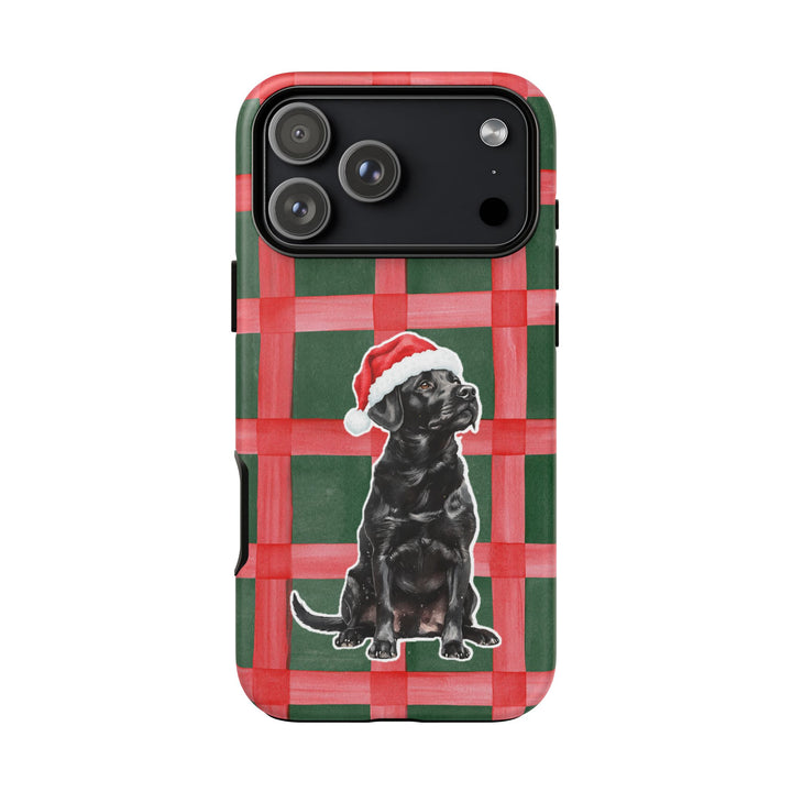 Black Labrador Christmas Tough iPhone Case, Red Green Plaid, Santa Dog Phone Cover