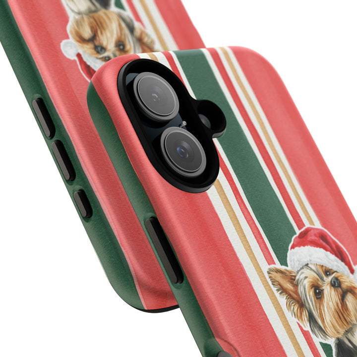 Yorkshire Terrier Christmas Tough iPhone Case, Classic Red Green Stripes, Santa Dog Phone Cover