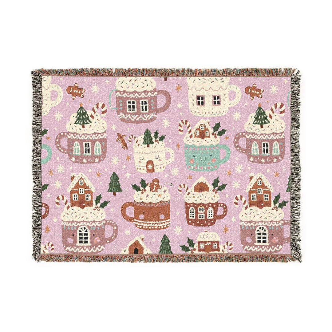Pink Gingerbread Cocoa Woven Blanket, Christmas Hot Chocolate Cotton Throw, Cozy Holiday Sofa Decor