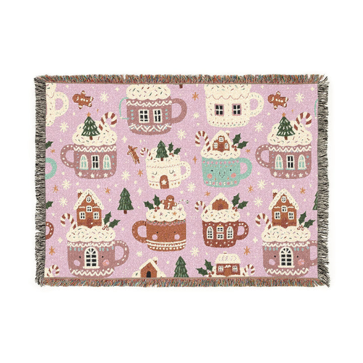 Pink Gingerbread Cocoa Woven Blanket, Christmas Hot Chocolate Cotton Throw, Cozy Holiday Sofa Decor