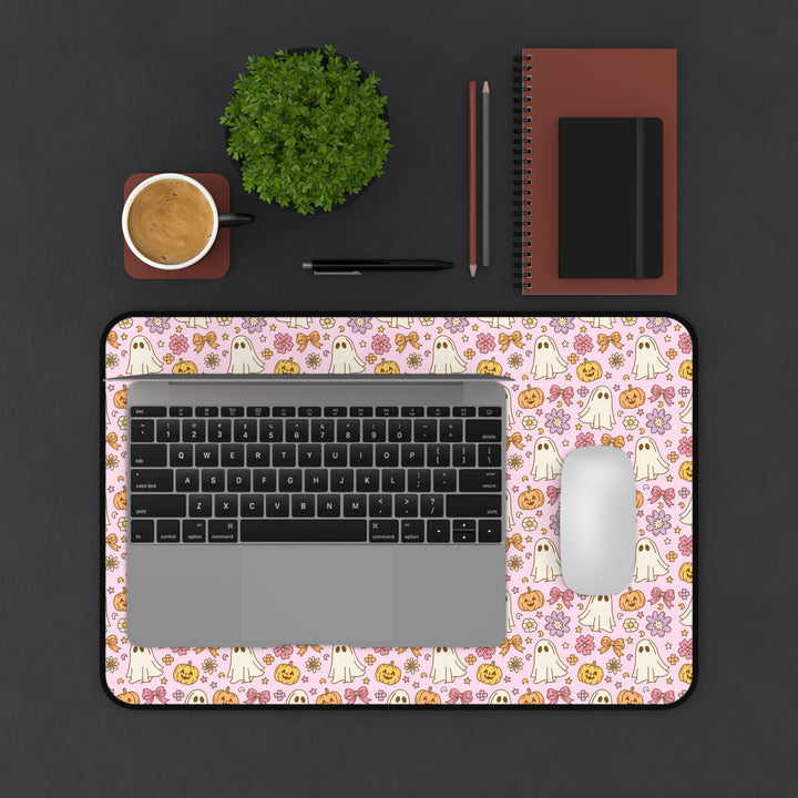 Vintage Ghost Floral Desk Mat, Pink Halloween Pumpkin and Bow Desk Pad, Cute Retro Spooky Large Mouse Pad