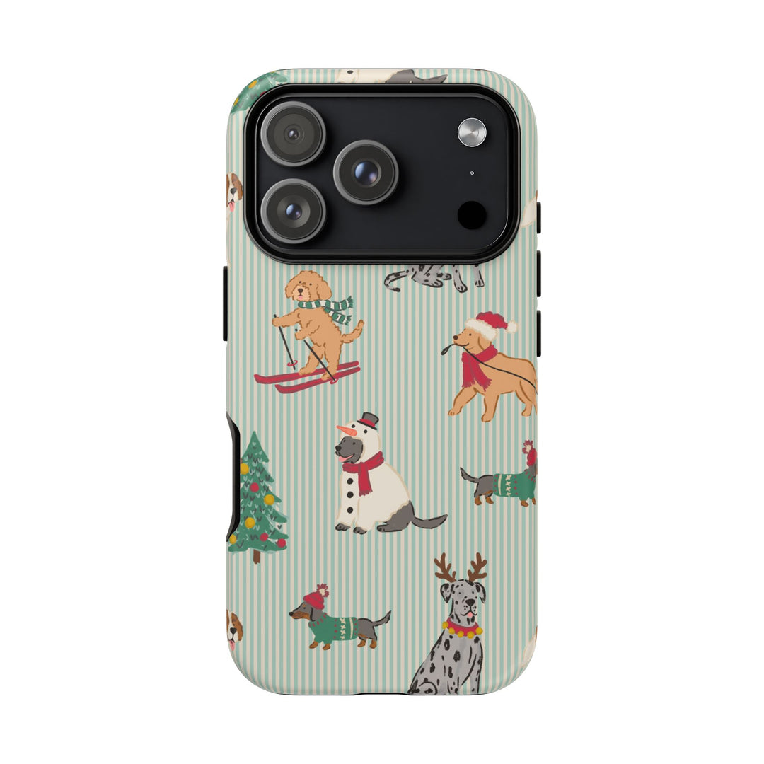 Christmas Dogs Tough iPhone Case, Green Stripe Holiday Dog Phone Cover, Matte or Glossy