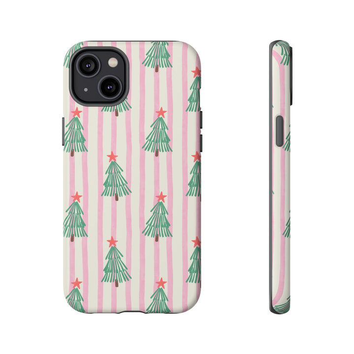 Retro Christmas Tree Tough iPhone Case, Pink Stripe Green Tree Holiday Phone Cover, Matte or Glossy