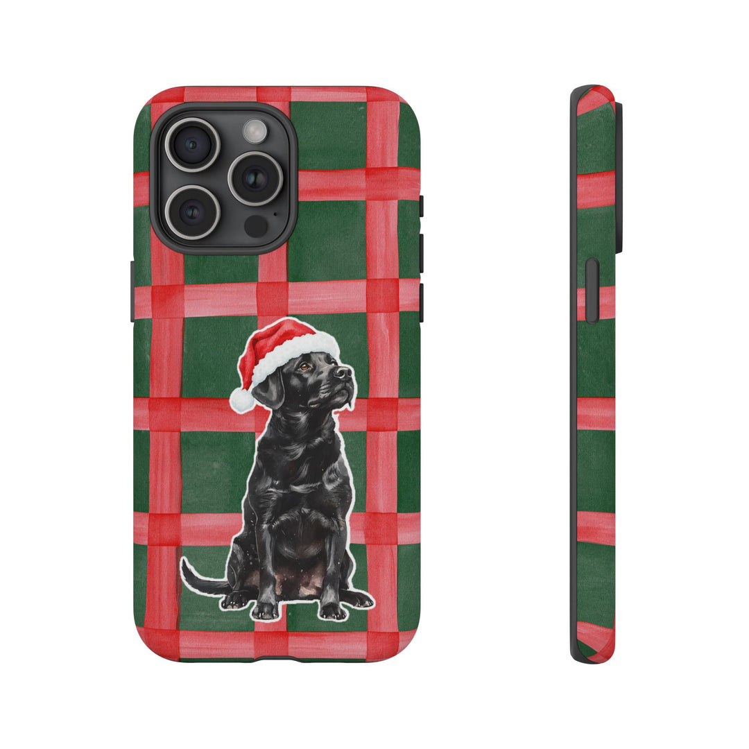 Black Labrador Christmas Tough iPhone Case, Red Green Plaid, Santa Dog Phone Cover