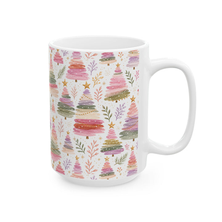 Pastel Christmas Tree Ceramic Mug, Pink Sage Watercolor Holiday Coffee Cup, Cozy Gift, 11oz and 15oz