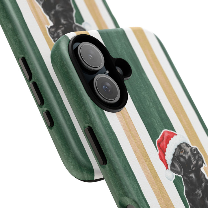 Black Labrador Christmas Tough iPhone Case, Green Gold Stripes, Santa Dog Phone Cover