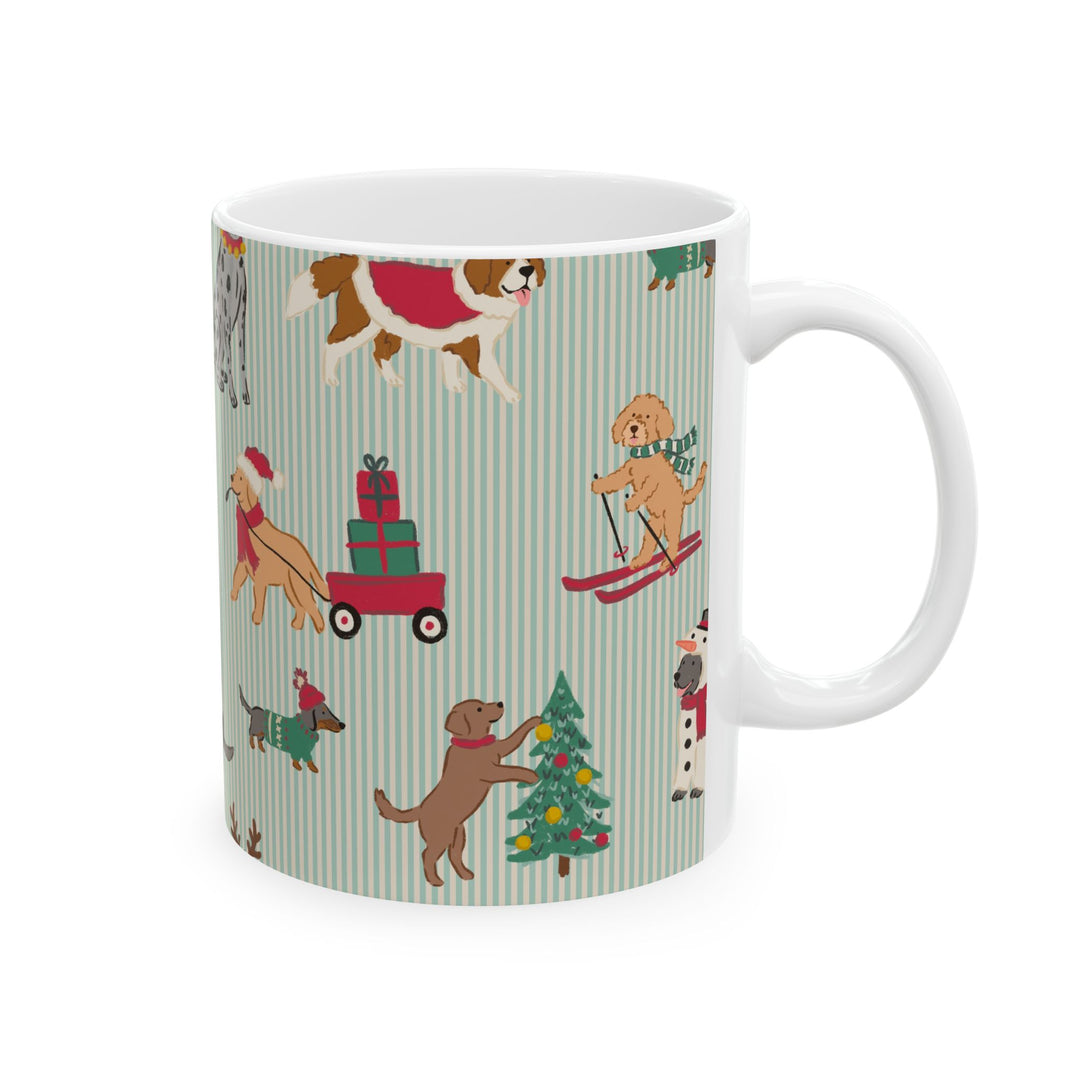 Christmas Dog Ceramic Mug, Green Stripe Holiday Coffee Cup, Festive Puppy Gift, 11oz and 15oz