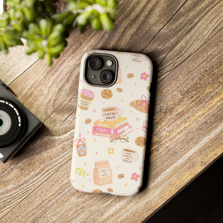 Coffee and Books Tough iPhone Case, Pastel Pink Bookish Phone Cover, Matte or Glossy
