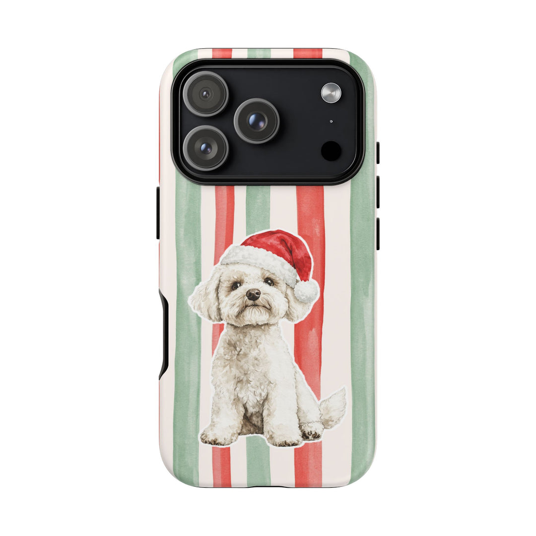 Maltese Christmas Tough iPhone Case, Red Sage Stripes, Santa Dog Phone Cover