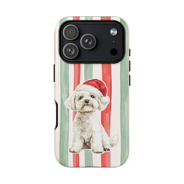 Maltese Christmas Tough iPhone Case, Red Sage Stripes, Santa Dog Phone Cover