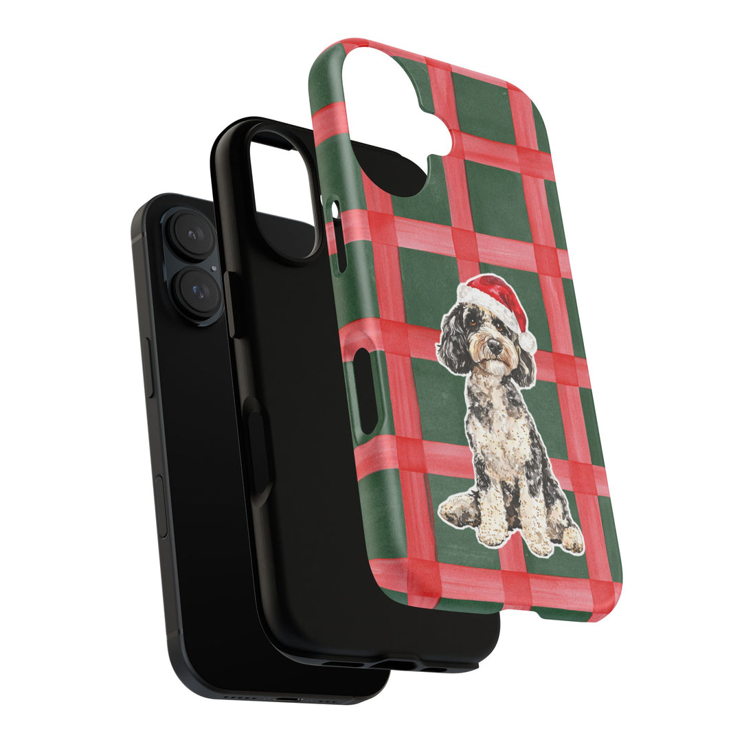 Doodle Christmas Tough iPhone Case, Red Green Plaid, Santa Dog Phone Cover