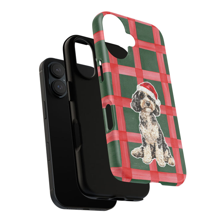 Doodle Christmas Tough iPhone Case, Red Green Plaid, Santa Dog Phone Cover