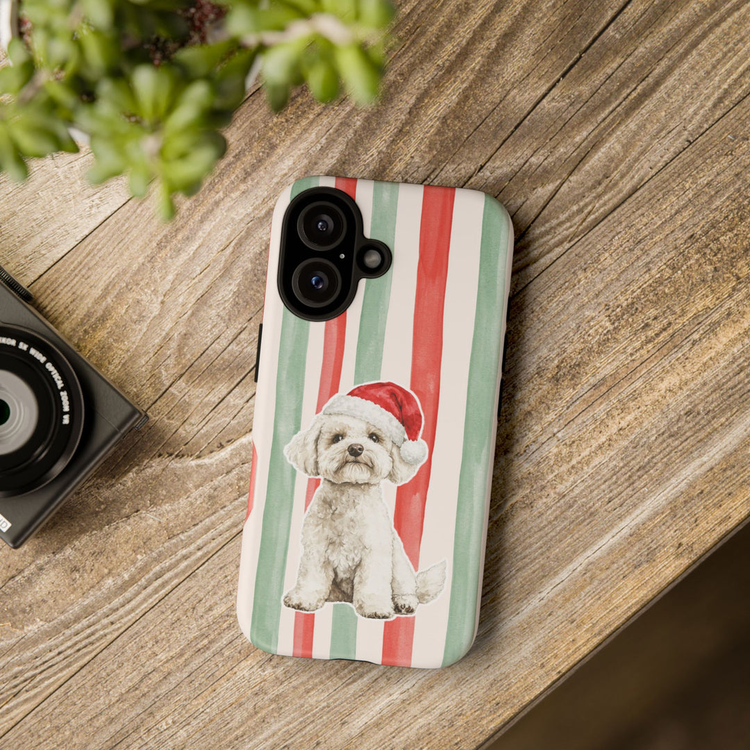 Maltese Christmas Tough iPhone Case, Red Sage Stripes, Santa Dog Phone Cover