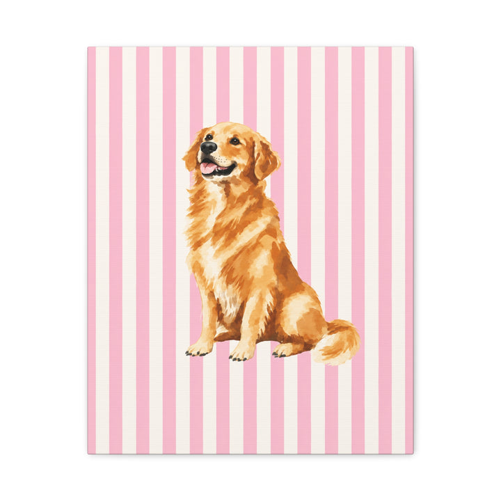 Golden Retriever Canvas Wall Art, Pink Stripe Stretched Canvas, Golden Retriever Mom Gift