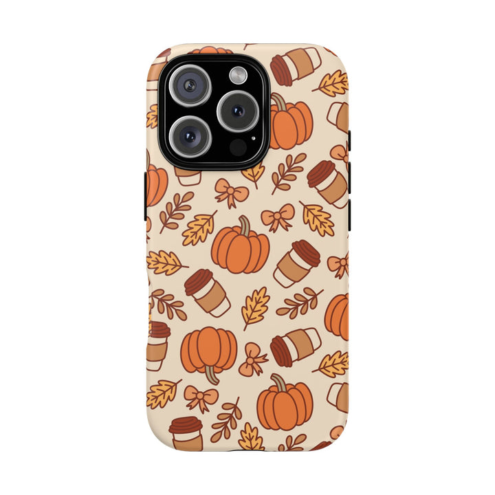 Pumpkin Coffee Tough iPhone Case, Fall Leaves and Bows Autumn Phone Cover, Matte or Glossy
