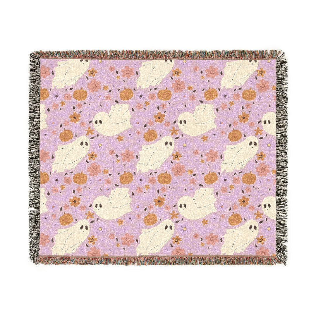 Pink Floral Ghost Woven Blanket, Cute Halloween Pumpkin Cotton Throw, Pastel Spooky Sofa Decor