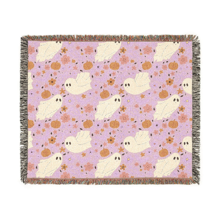 Pink Floral Ghost Woven Blanket, Cute Halloween Pumpkin Cotton Throw, Pastel Spooky Sofa Decor